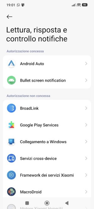 Lista app Android con accesso notifiche