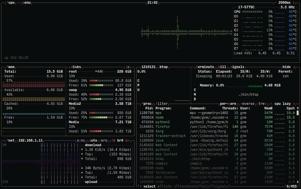 btop monitoraggio risorse Linux