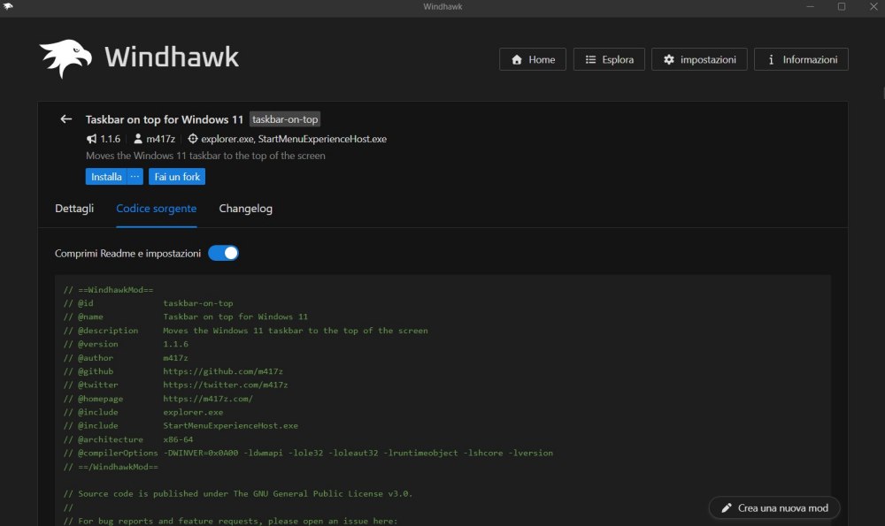 Codice sorgente mod Windhawk