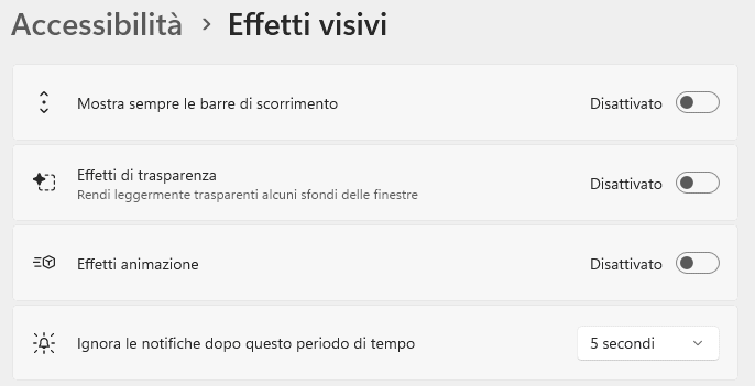 Disattivazione effetti visivi Windows 11