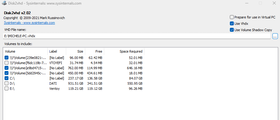 Disk2vhd partizioni Windows 11