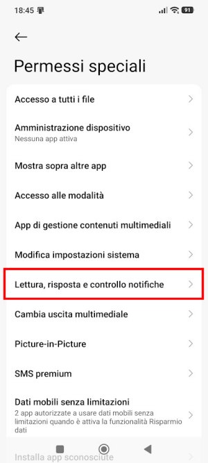 Permessi speciali accesso notifiche Android