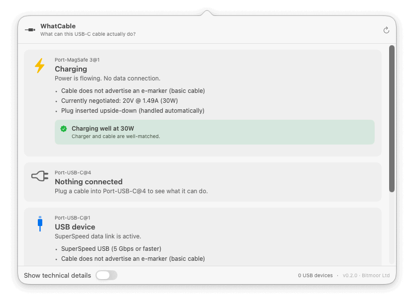 WhatCable identifica cavi USB su macOS