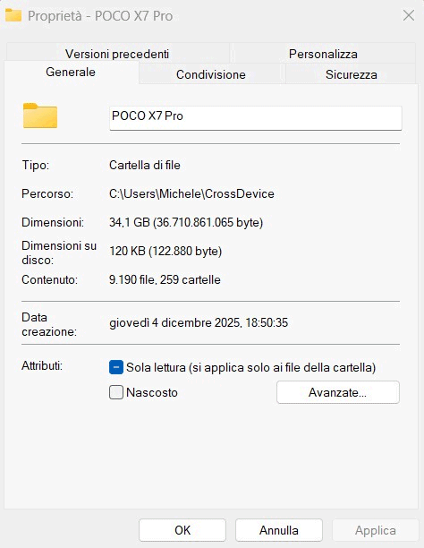 Dimensioni cartella CrossDevice Windows 11