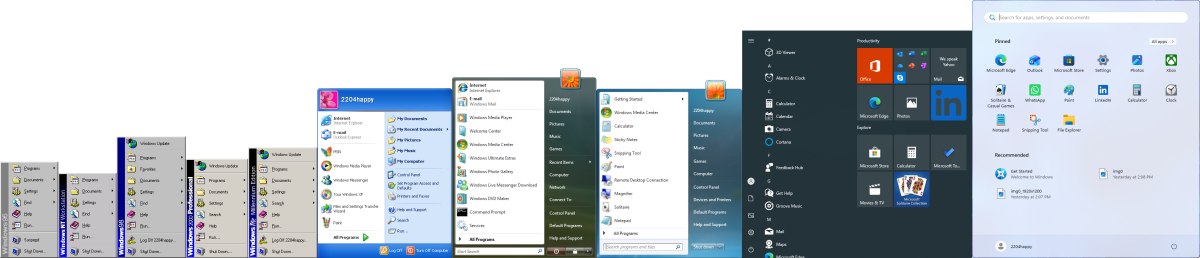 Evoluzione menu Start da Windows 95 a Windows 11