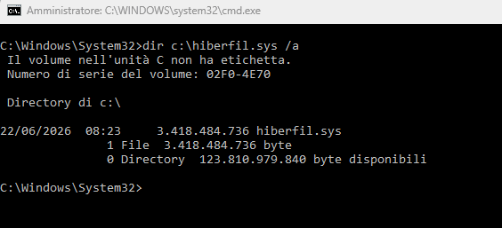 File ibernazione Windows 11 hiberfil.sys
