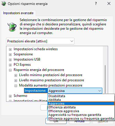 Modalità aumento prestazioni processore Windows 11