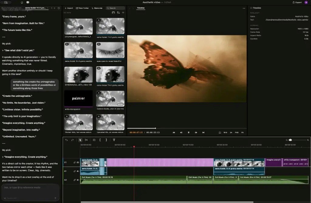 Interfaccia e timeline editor video Palmier Pro