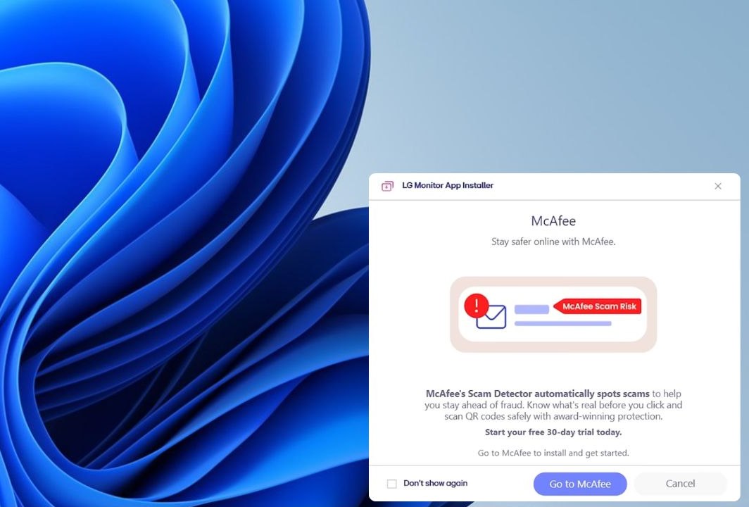 Notifica McAfee installazione monitor LG Windows 11