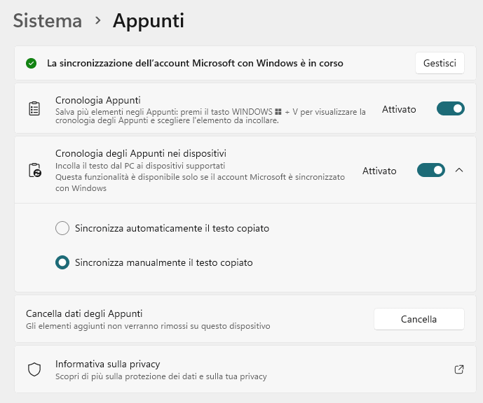 Sincronizzazione Cronologia Appunti Windows 11