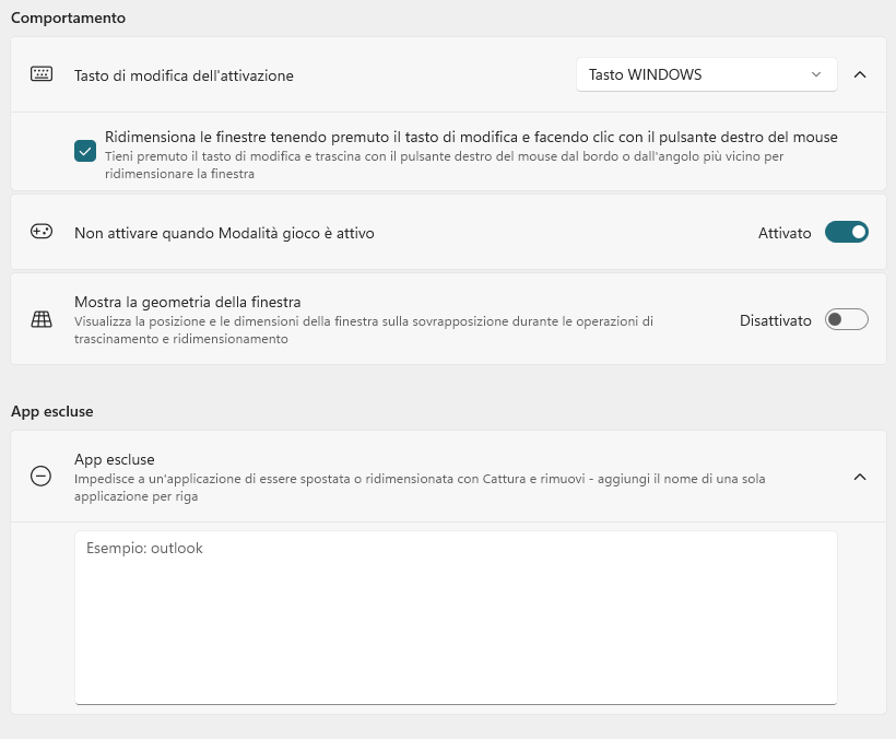Scelta tasto modifica spostamento e ridimensionamento finestra Windows