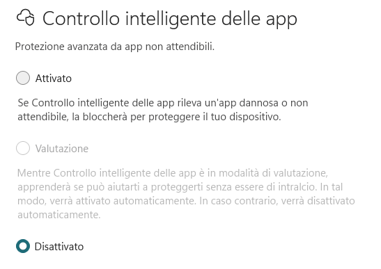 Controllo intelligente app Windows 11 o Smart App Control