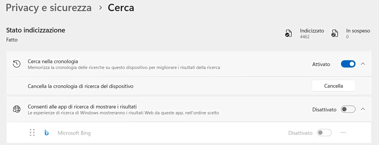 Risultati web menu Start Windows 11