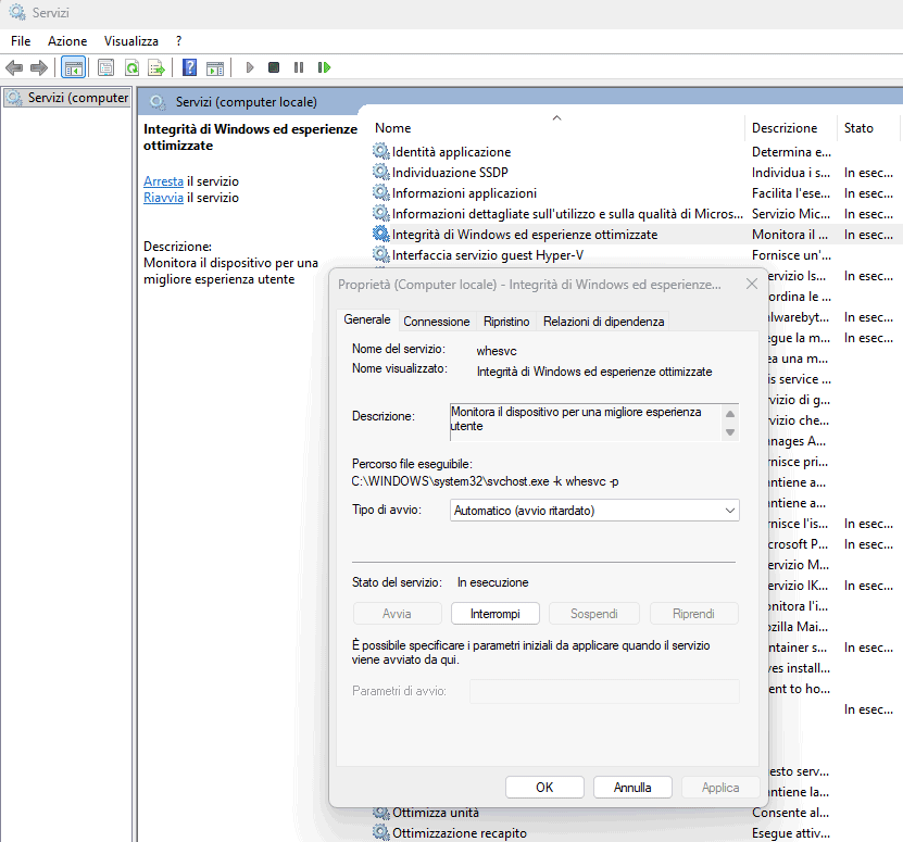 Servizio Integrità Windows ed esperienze monitoraggio