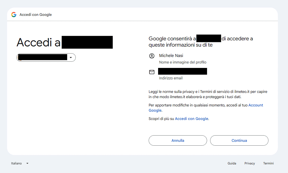 Accedi con Google: schermata login