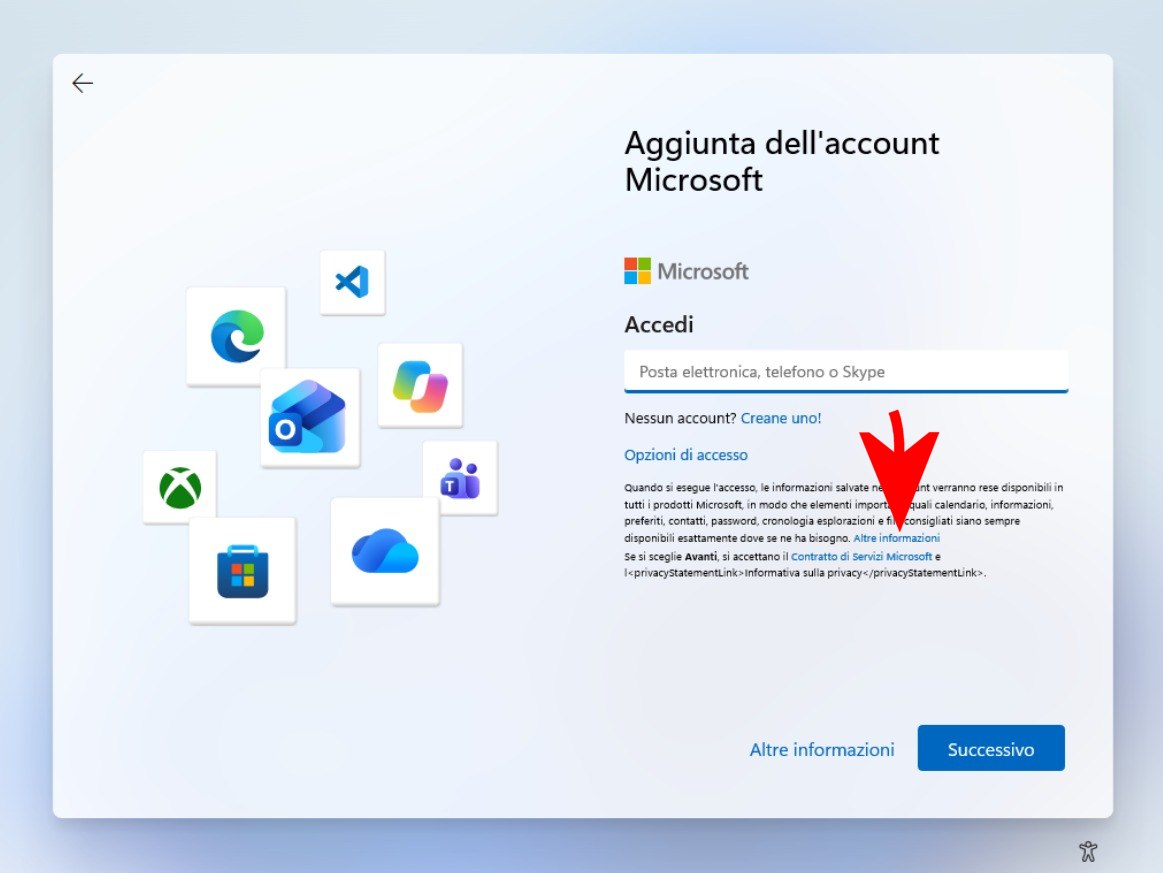 Aggiunta account locale installazione Windows 11