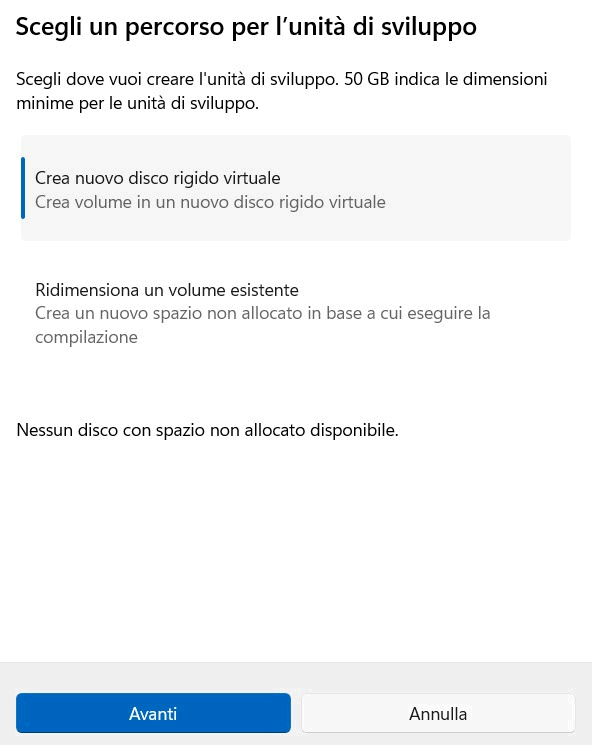 Creazione Windows Dev Drive