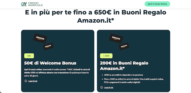 credit agricole fino a 650 euro in buoni amazon