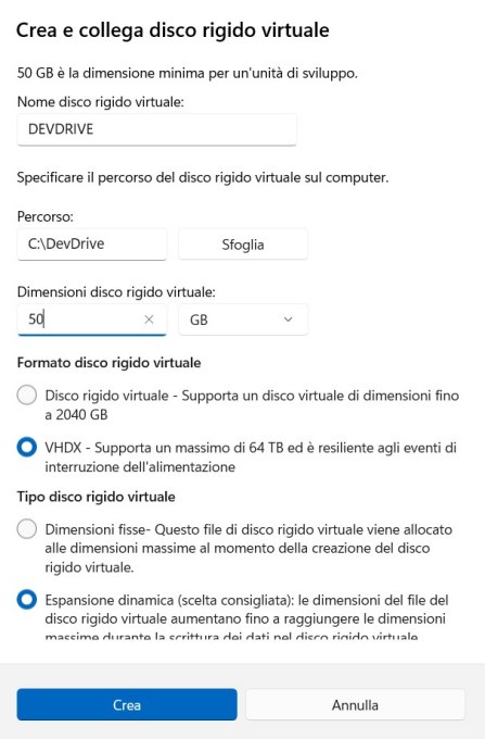 Disco virtuale VHDX Unità di sviluppo