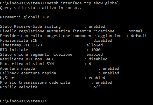 Impostazioni interfaccia rete Windows bufferbloat