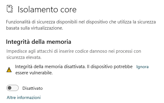 Isolamento core Integrità della memoria Windows 11