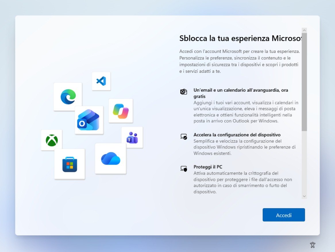Login account Microsoft installazione Windows 11