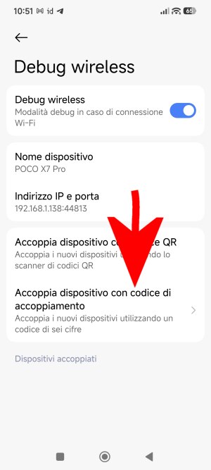 Pairing ADB wireless con codice di accoppiamento