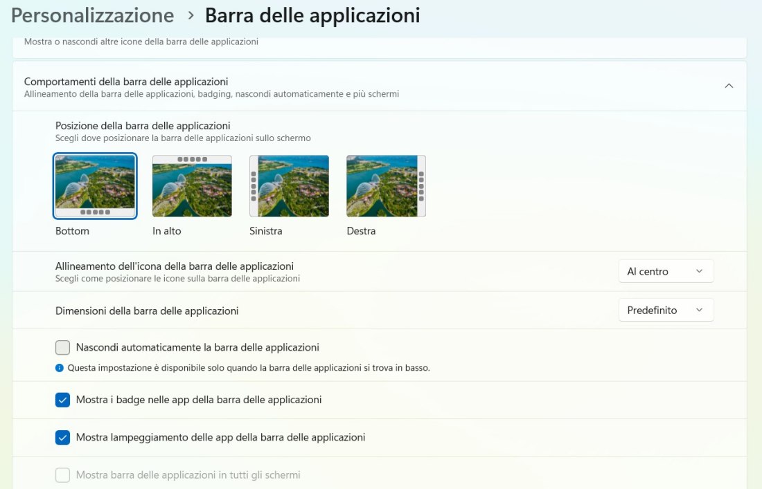 Personalizzazione barra applicazioni Windows 11