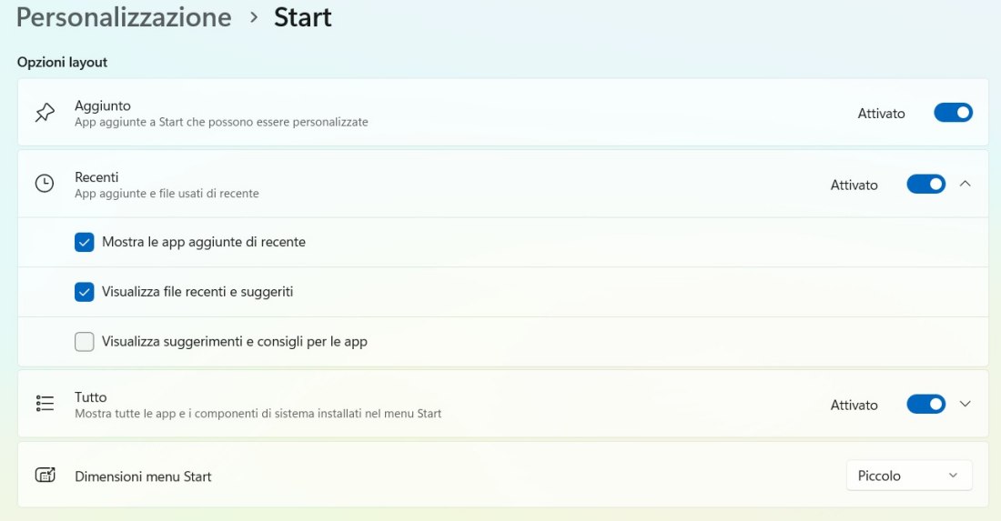 Personalizzazione menu Start Windows 11 KB5124008