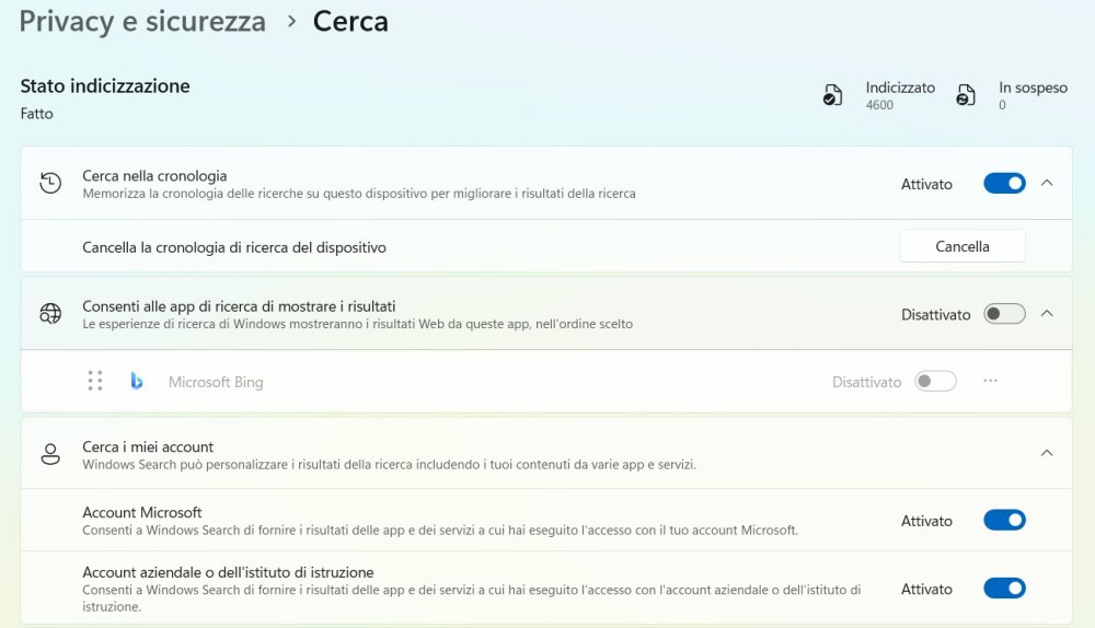 Ricerca Windows 11 senza Bing menu Start