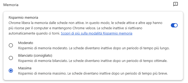 Risparmio memoria Chrome