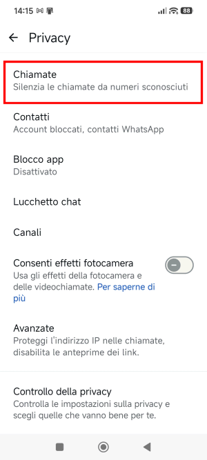 Silenzia chiamate numeri sconosciuti WhatsApp