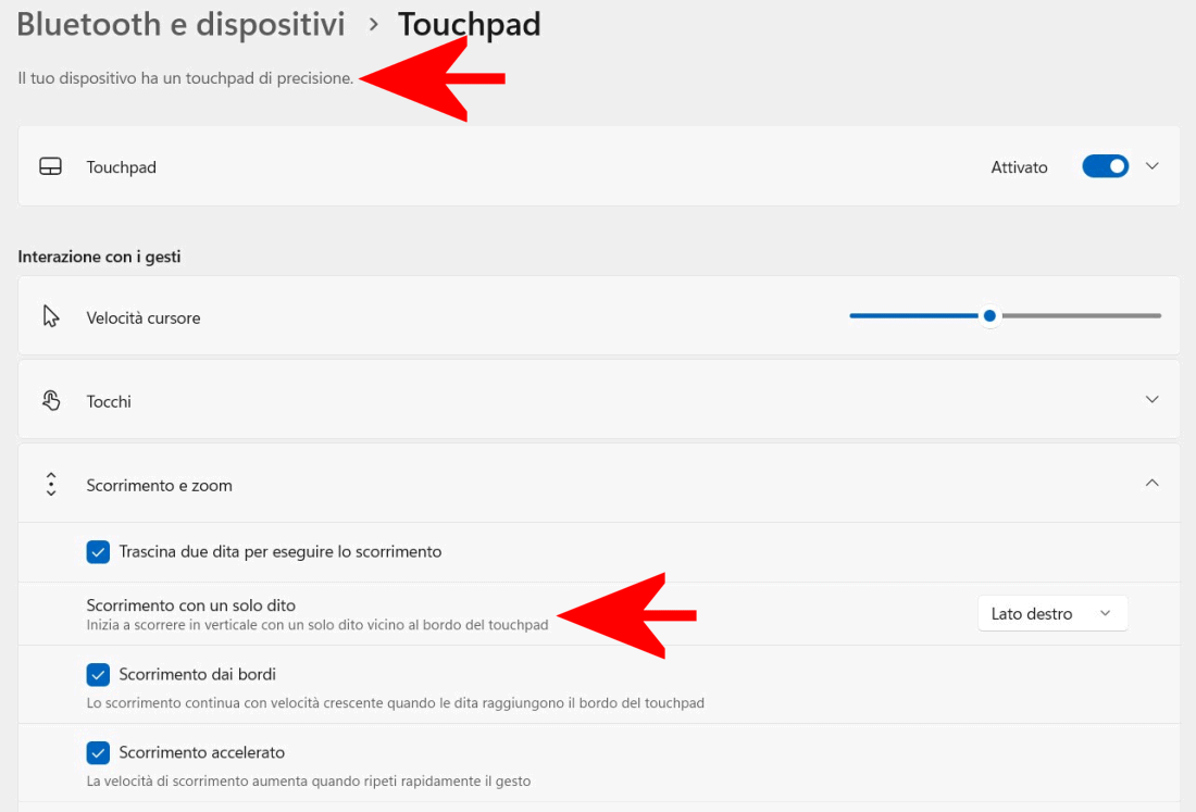 Configurazione Touchpad Windows 11