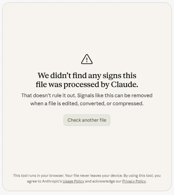 Assenza firma C2PA file generati con Claude