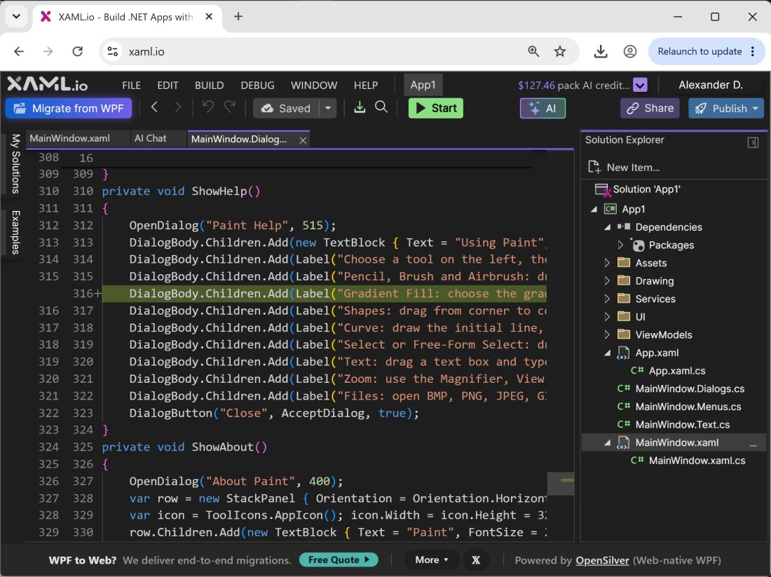Codice C#: IDE .NET XAML.io