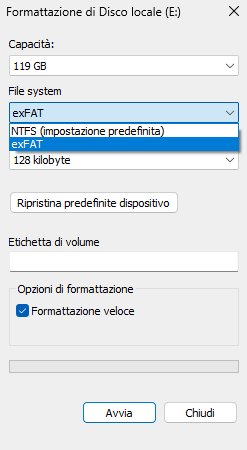 Formattazione unità USB file system exFAT