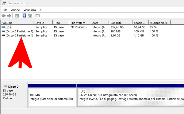 Gestione disco: individuazione partizione Recovery