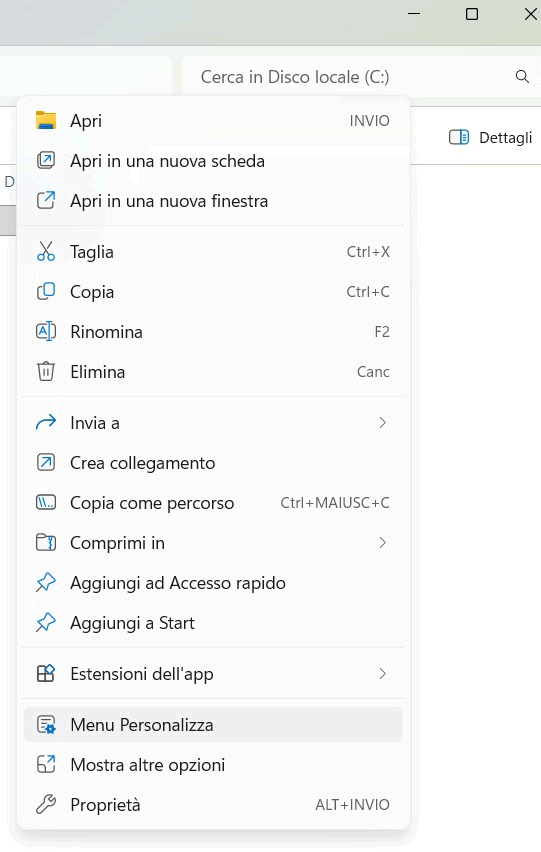 Risultato personalizzazione menu contestuale Windows 11 con KB5127936