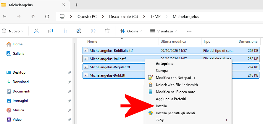 Installazione font TTF Michelangelus Windows