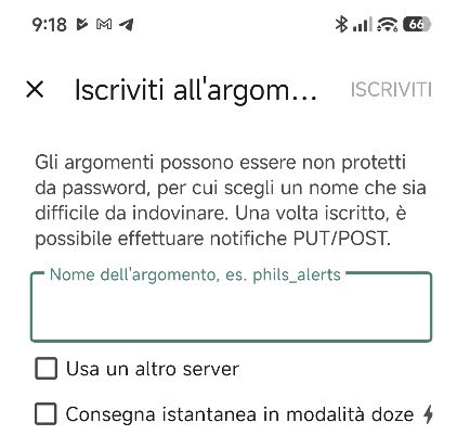 ntfy: attivazione topic per notifiche push