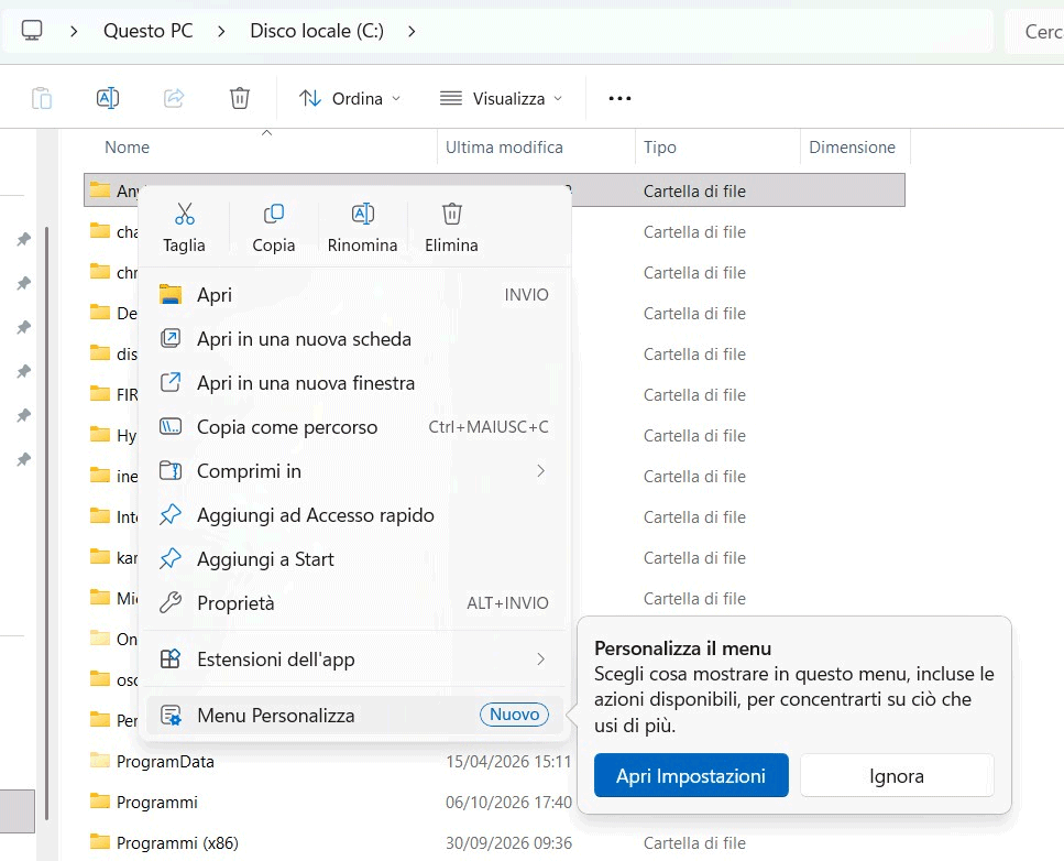 Personalizzazione menu contestuale Windows 11