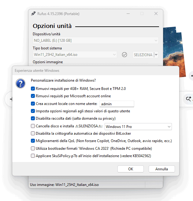 Personalizzazione Windows 11 con Rufus e WUE