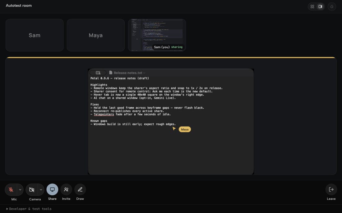 Petals, finestre condivise computer remoti