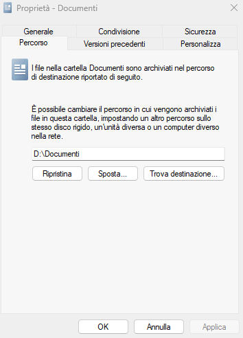 Percorso posizione cartella Documenti Windows