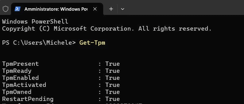 PowerShell verifica configurazione chip TPM Windows 10 Windows 11