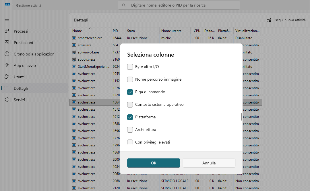 Riga di comando svchost.exe Windows 11