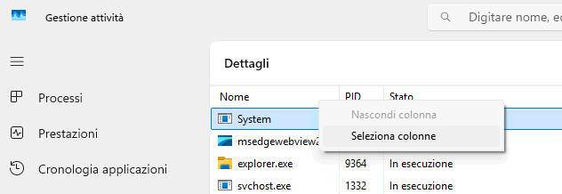 Selezione colonne Task Manager Windows 11