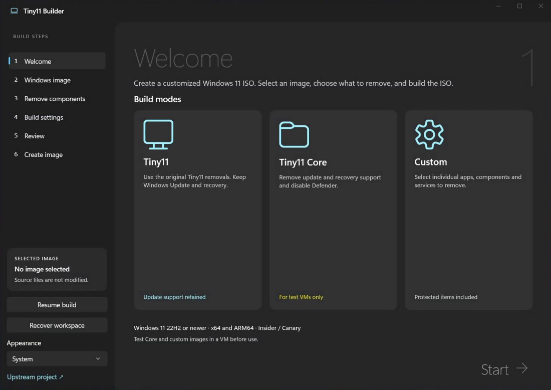 Interfaccia Tiny11 Builder
