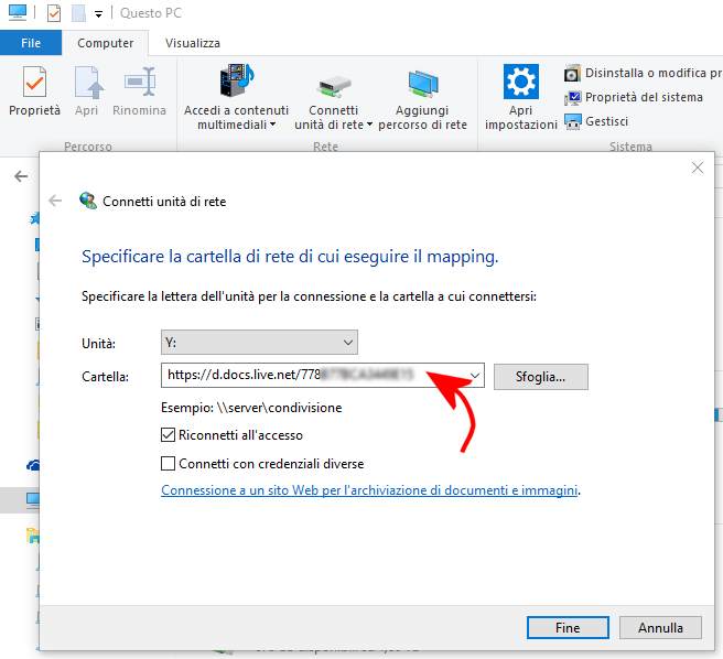 Accedere a OneDrive da Windows 10 come unità di rete