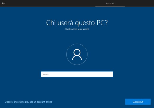 Installare Windows 10 con account locale senza account Microsoft